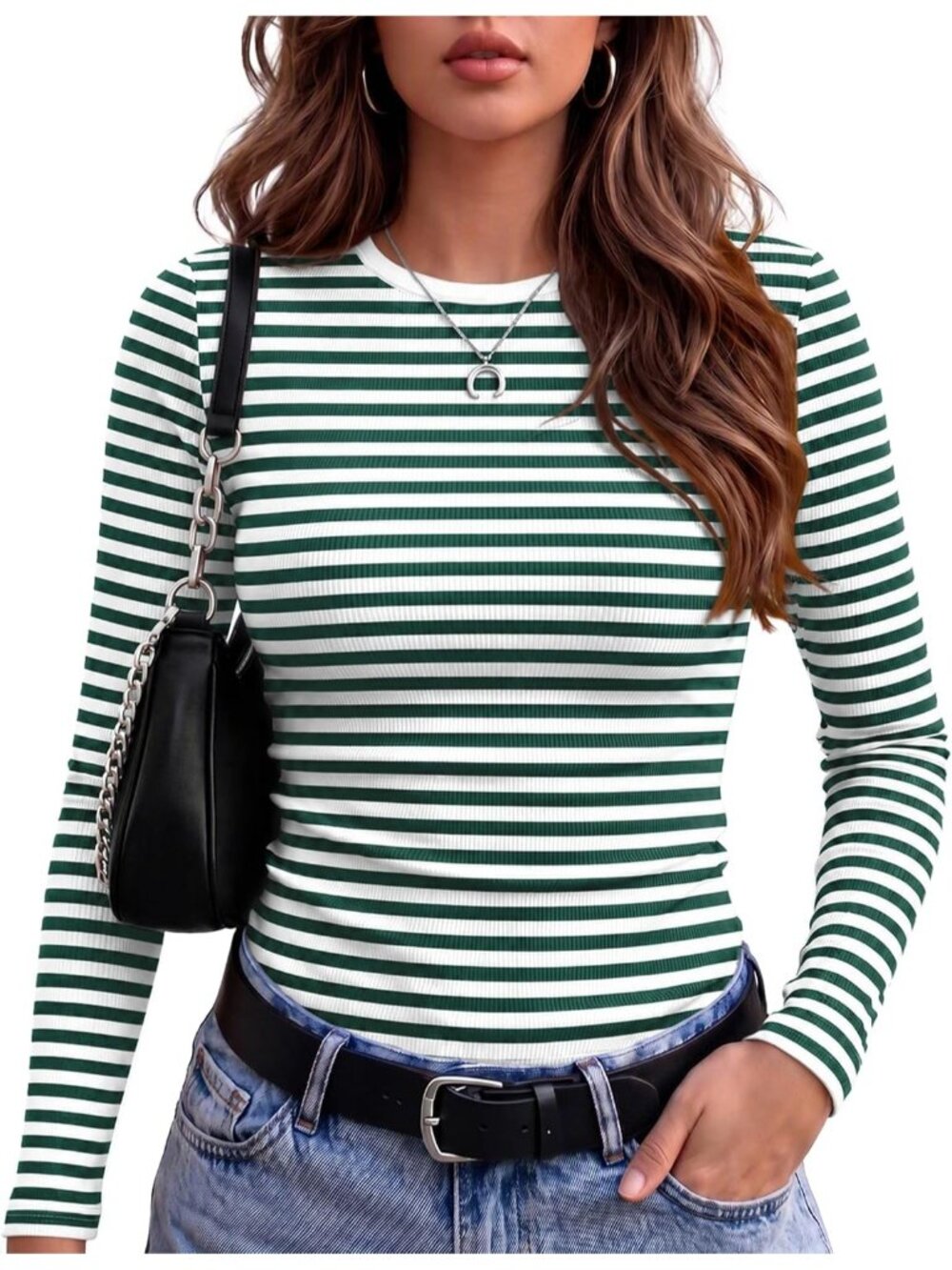 Women's Green Stripe Crewneck Tee Long Sleeve Shirts Casual Stretchy Ribbed Top
